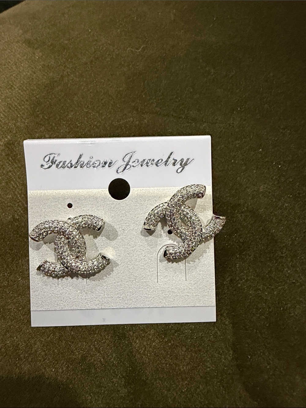 Fashion Jewelry Silver-Tone Crystal CC Logo Stud Earrings